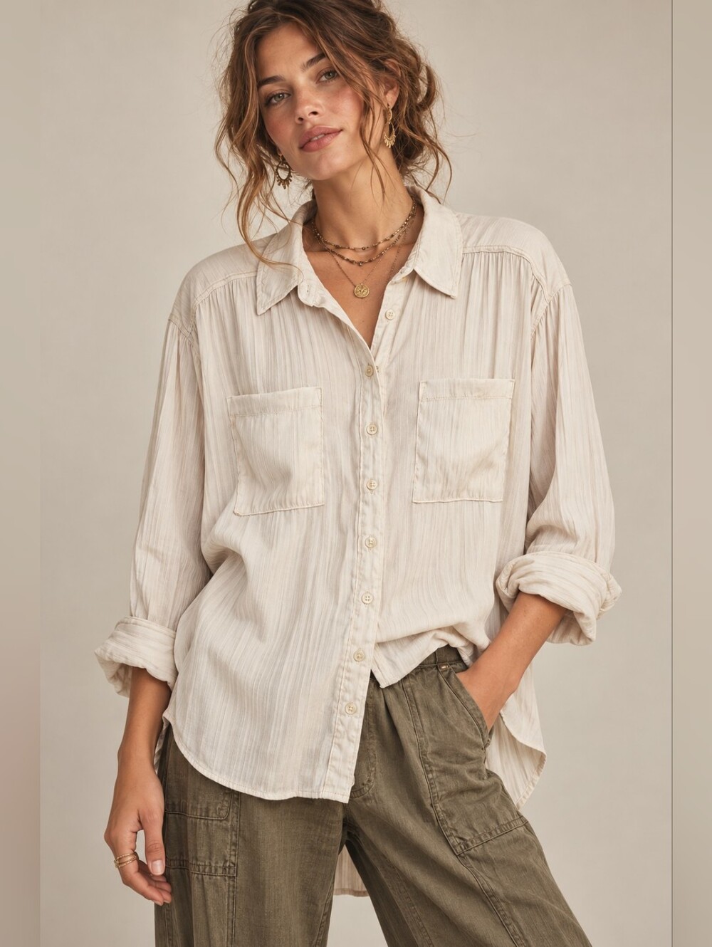 By Together Anthropologie Oversized Pleated Blouse Size L Ivory